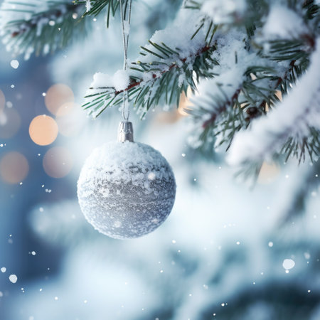 christmas ball on a tree. white christmas ball on spruce branch. christmas ball closeup. selective focus.の素材