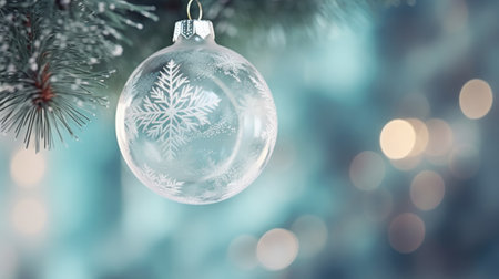 Christmas tree decoration. White transparent Christmas ball. Christmas card. selective focus, closeup.の素材