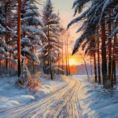 Beautiful winter sunset in the forest. Landscape with snowy road.の素材