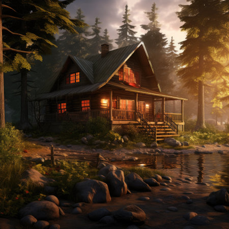 Wooden cottage in the forest at sunsetの素材