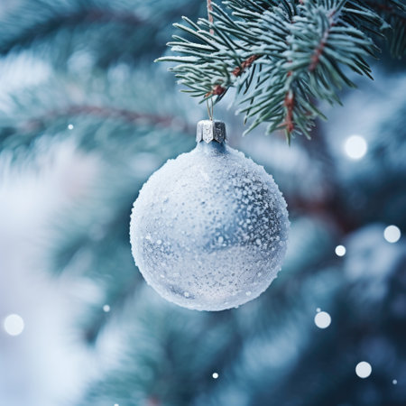 christmas ball on a tree. white christmas ball on spruce branch. christmas ball closeup. selective focus.の素材