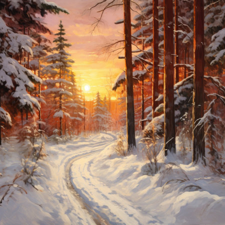 Beautiful winter landscape with pine trees and road, painting in oil styleの素材