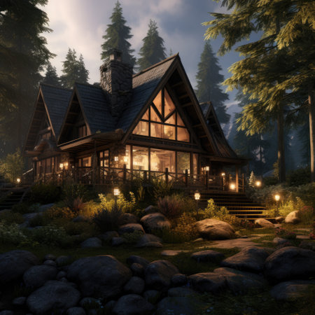 Wooden chalet in the forest at night.の素材