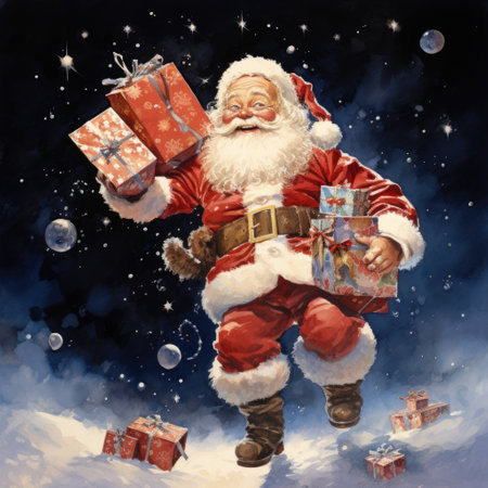 Santa Claus with gifts in his hands. Christmas and New Year background.の素材
