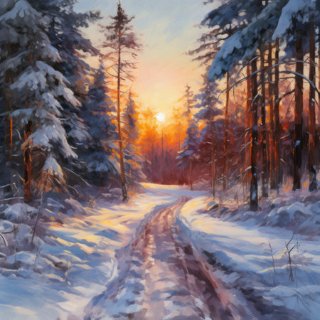 Beautiful winter landscape with a road through the forest. digital painting styleの素材