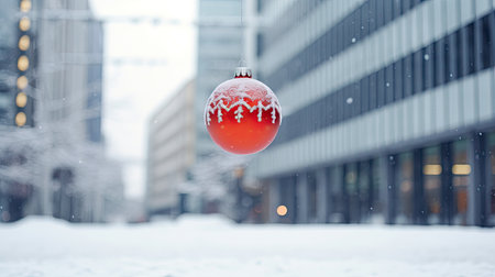 Red Christmas ball hanging on the street in New York City during snowfallの素材
