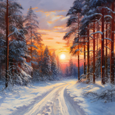 Beautiful winter landscape with road and pine forest at sunset. digital painting styleの素材