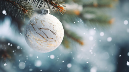 christmas ball on a tree. white christmas ball on spruce branch. christmas ball closeup. selective focus.の素材