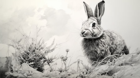 Easter bunny on a background of flowers and grass. Black and whiteの素材