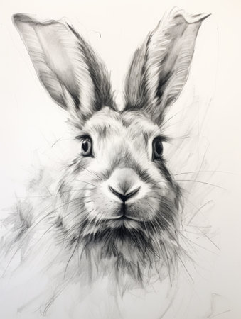 Rabbit portrait. Hand drawn pencil sketch on paper. Black and white.の素材