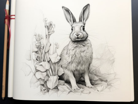 Easter bunny and flowers on a white sheet of an open bookの素材