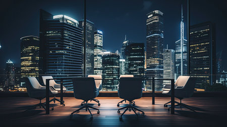 Office Chairs and Modern City Skyscrapers at Night. office panoramic view window.の素材