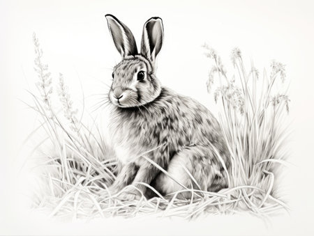 Rabbit sitting in the grass, black and white vector illustration.の素材