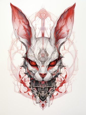 tattoo art, sketch of the head of a cat with a red patternの素材