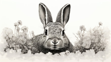 Rabbit in the grass with flowers, black and white illustration.の素材