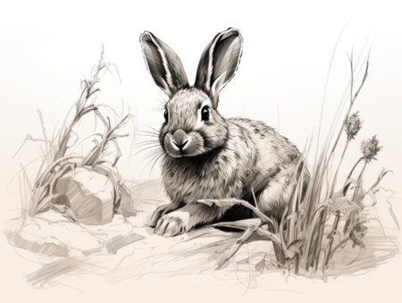 Rabbit in the grass. Black and white illustration for coloring book.の素材