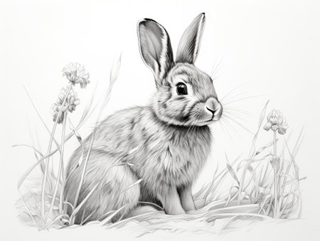 Rabbit sitting in grass with flowers. Black and white illustration.の素材