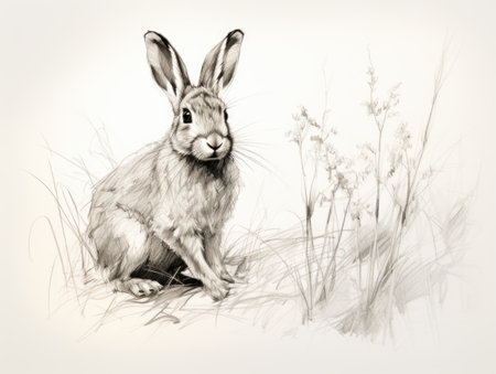 Rabbit sitting in the grass. Black and white image.の素材