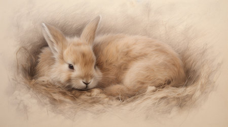 Cute baby rabbit on a beige background. Easter bunny.の素材