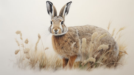 Brown hare in a field of tall grass on a foggy dayの素材