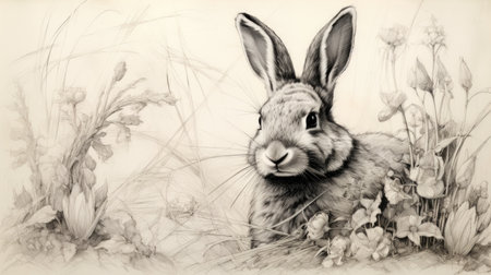 Rabbit and spring flowers. Black and white image.の素材