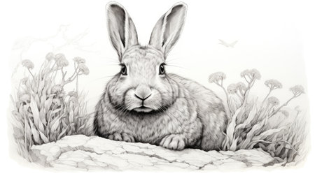 Rabbit sitting in the grass with dandelions. Black and white illustration.の素材