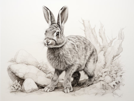Rabbit on a background of stones and plants, black and whiteの素材
