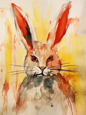 Watercolor painting of a red hare with orange spots on a white backgroundの素材