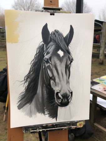 Drawing of a horse in the open air. The picture was taken in the open air.の素材