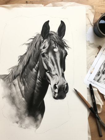 Horse painting with pencils and ink on paper. Black and whiteの素材