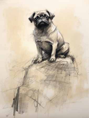 Pug dog sitting on a stone.の素材