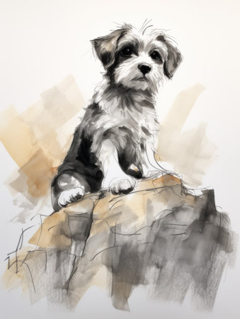 Digital painting of a cute shih tzu puppy sitting on a rockの素材