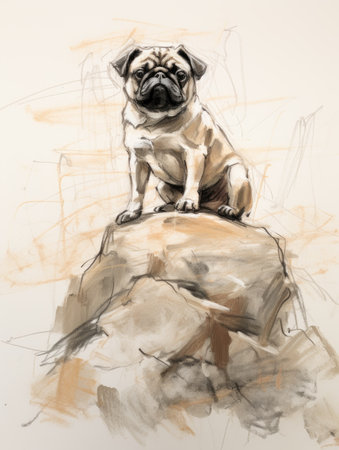 Pug dog sitting on a rock.の素材