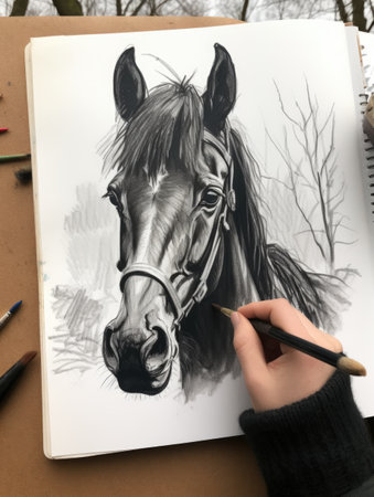 Hand drawing a horse on a paper with pencils in black and whiteの素材