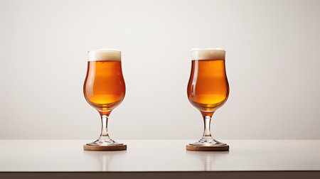 Two glasses of beer on a white table with a white background.の素材