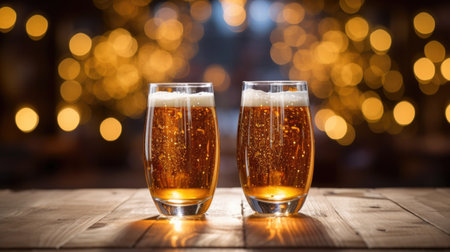 Two glasses of beer on a wooden table with bokeh backgroundの素材