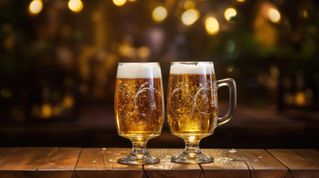 Two glasses of beer on a wooden table in a pub or restaurantの素材