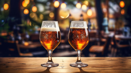 Two glasses of beer on the table in a pub with bokeh backgroundの素材