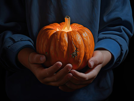 Halloween pumpkin in the hands of a child on a dark backgroundの素材