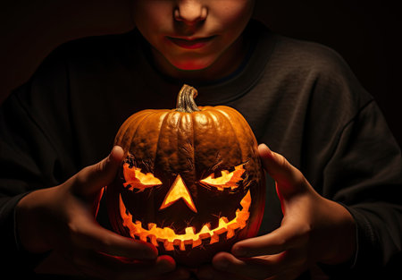 Halloween pumpkin in the hands of a boy on a dark backgroundの素材