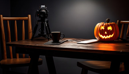 Halloween still life with pumpkin, coffee and camera on wooden tableの素材