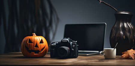 Halloween pumpkin jack o lantern, laptop and coffee cup on wooden tableの素材