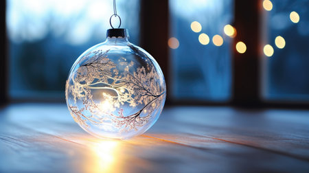 Glass Christmas ball on the windowsill. Christmas and New Year conceptの素材