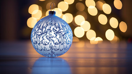 Blue Christmas ball on wooden background with bokeh lights.の素材