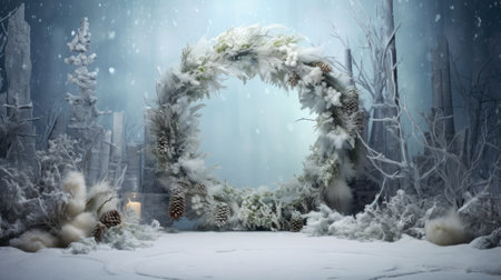 Winter forest with snow covered trees. Christmas and New Year background. Christmas write with empty space for text.の素材