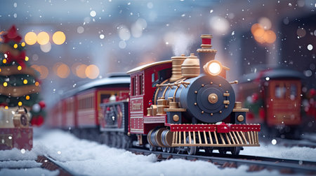 Christmas toy train in the snow. Christmas and New Year background.の素材