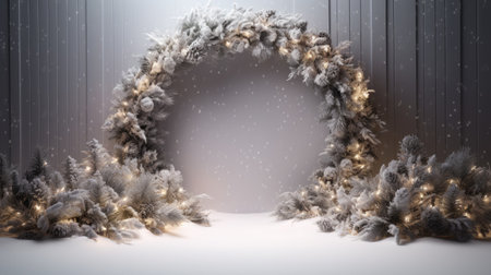 Winter forest with snow covered trees. Christmas and New Year background. Christmas write with empty space for text.の素材