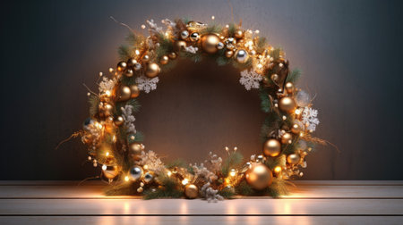Christmas wreath with candles on a wooden table. bokeh background.の素材