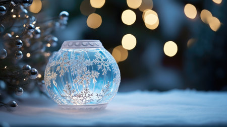 Christmas decoration on snow with bokeh background, close-upの素材