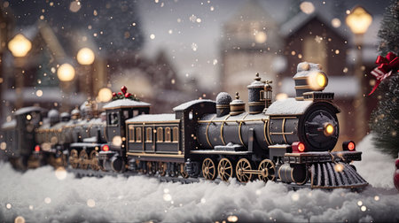Christmas toy train in the snow. Christmas and New Year background.の素材